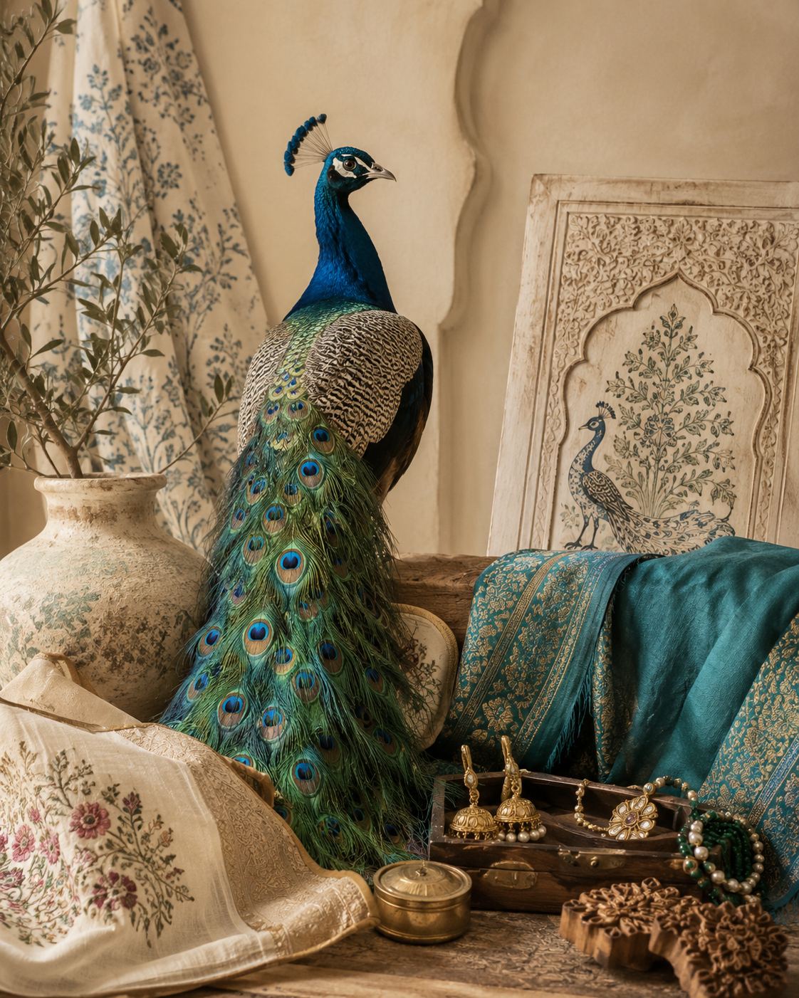 Peacock with woven textiles and handcrafted jewelry